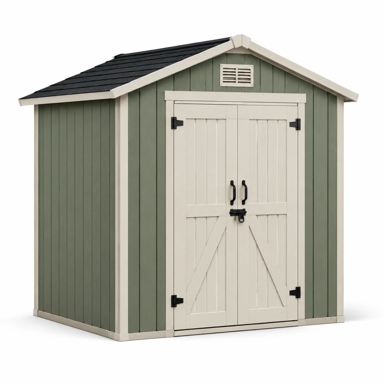 Abri de jardin en résine vert et beige avec ventilation