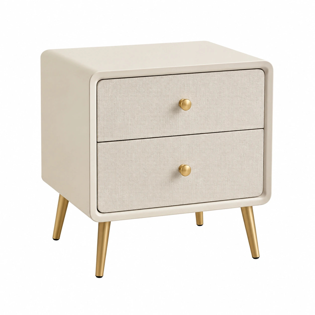 Table de chevet en bois avec pieds en métal et poignées dorées, couleur beige