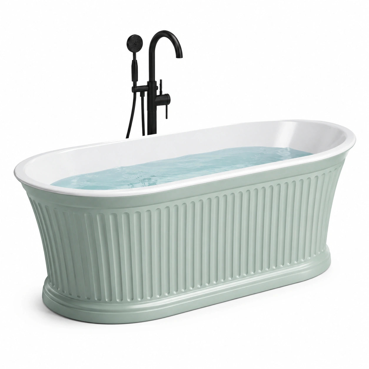 Baignoire îlot ovale en acrylique blanc et vert avec robinetterie noir