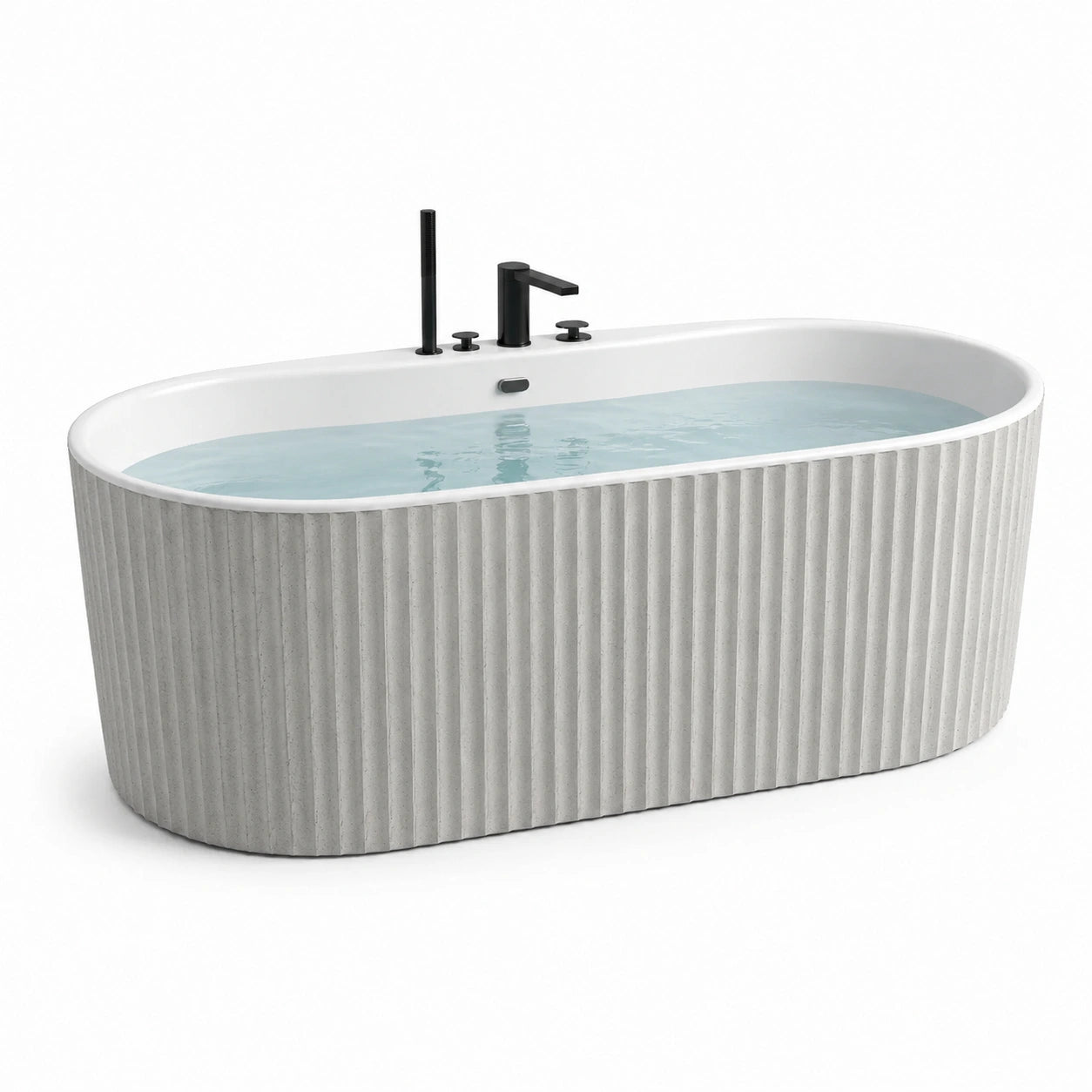 Baignoire îlot ovale en acrylique et résine rainurée grise avec robinets
