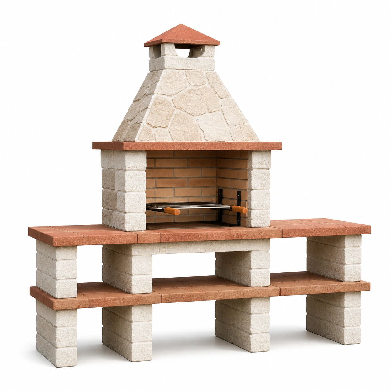 Barbecue en pierre avec briques réfractaires, beige/rouge