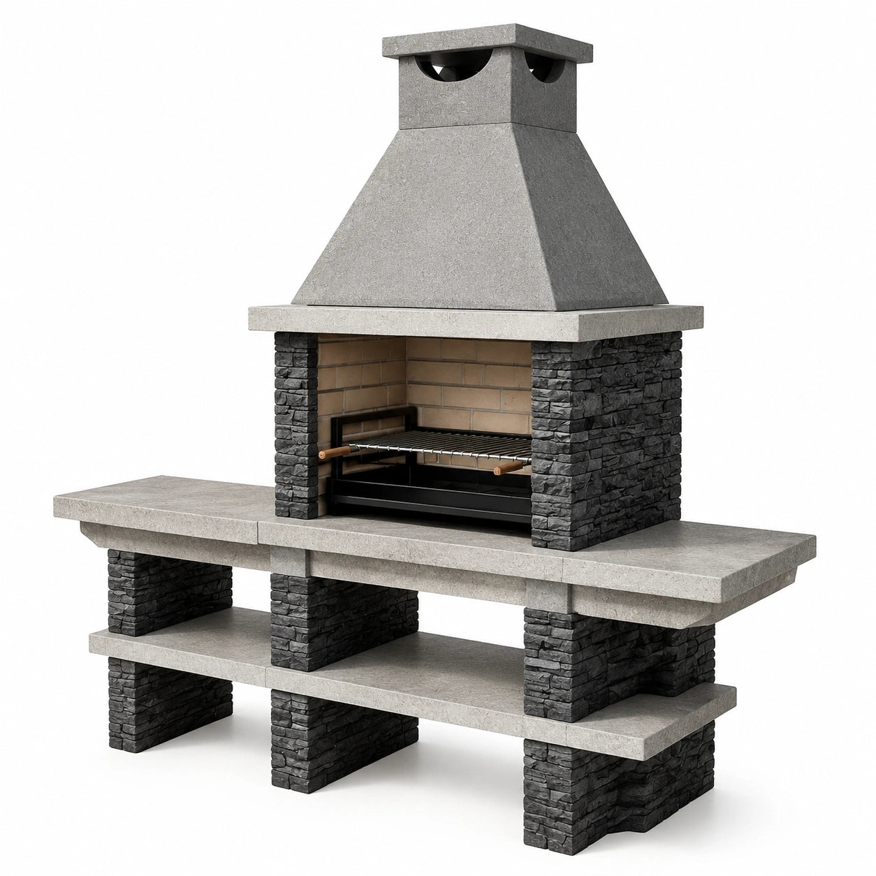 Barbecue en pierre et béton gris avec cheminée et étagères