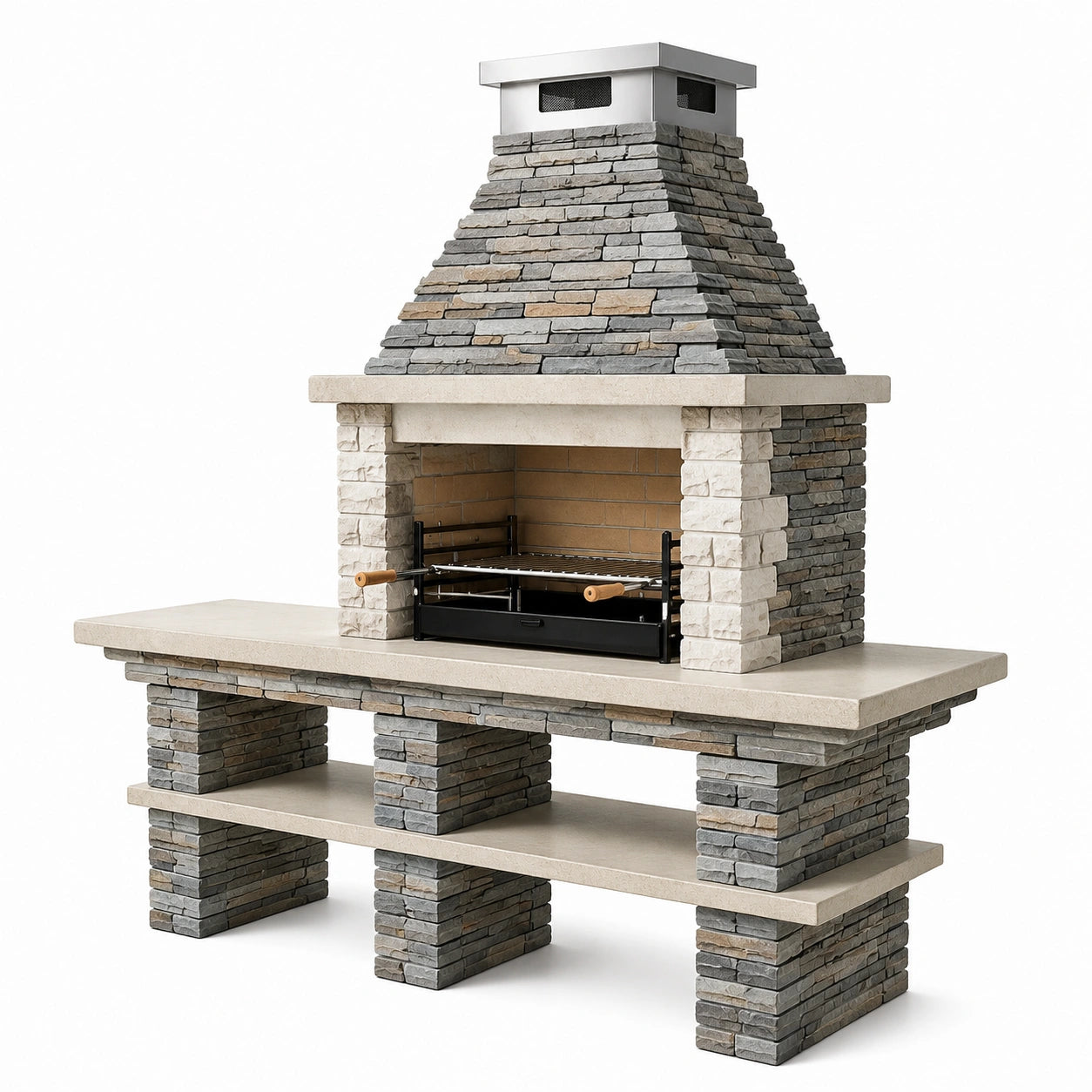 Barbecue en pierre avec foyer en acier inoxydable et briques réfractaires, dimensions 200x80x210 cm