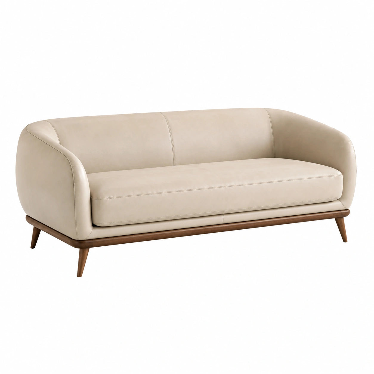 Canapé 3 places cuir synthétique beige pieds noyer