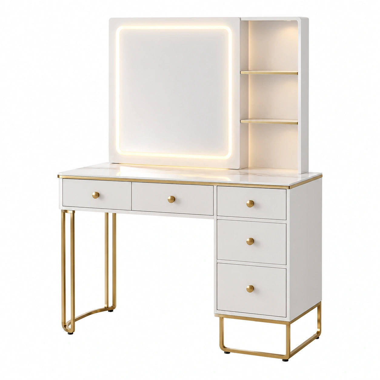 Coiffeuse en bois et métal avec miroir LED, blanc et doré