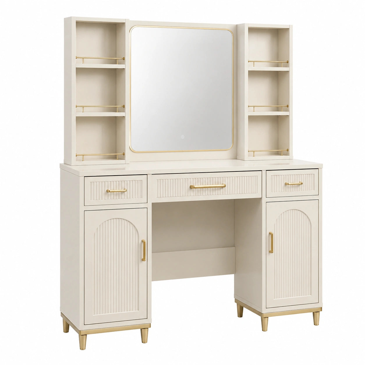 Coiffeuse en bois MDF avec miroir rectangulaire et accents dorés ivoire