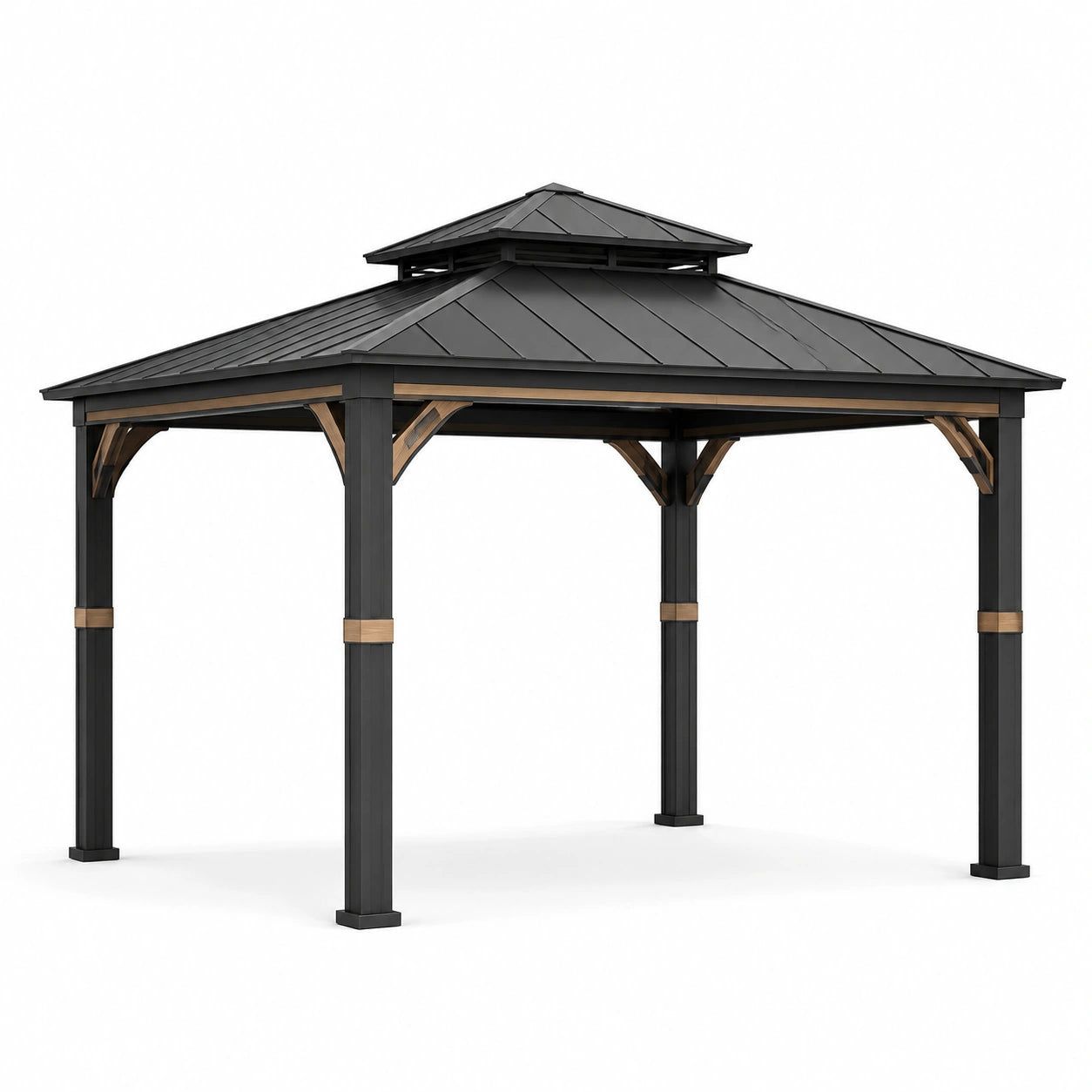 Pavillon en aluminium avec toit en acier noir et bois naturel