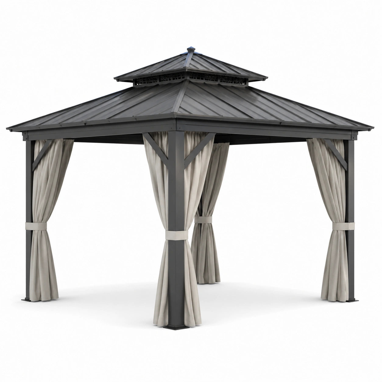 Pavillon de jardin en aluminium avec toit en acier et rideaux en polyester beige