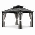 Pavillon de jardin en métal avec toit en polycarbonate et rideaux gris 300x400 cm
