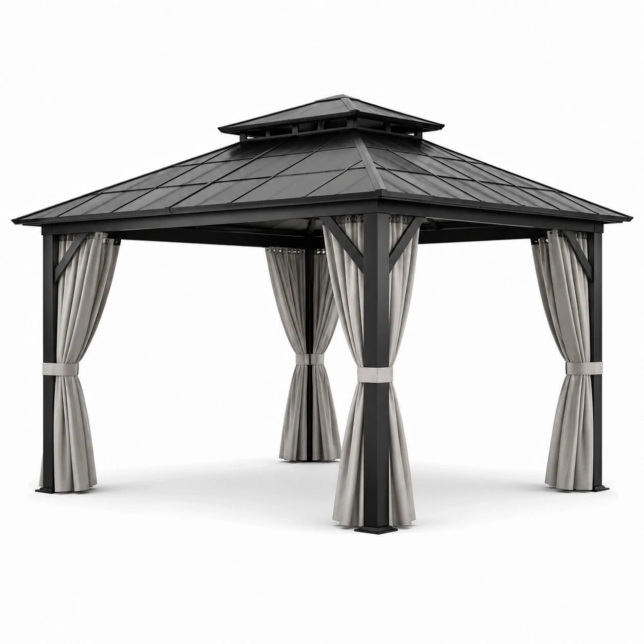 Pavillon de jardin en métal avec toit en polycarbonate et rideaux gris 300x400 cm