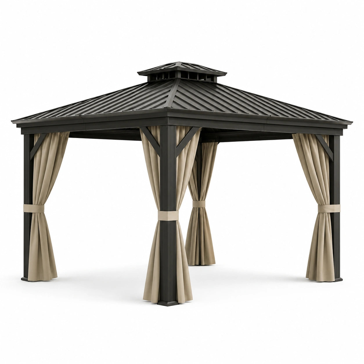 Pavillon de jardin en aluminium avec rideaux en polyester noir et beige 3x3 m