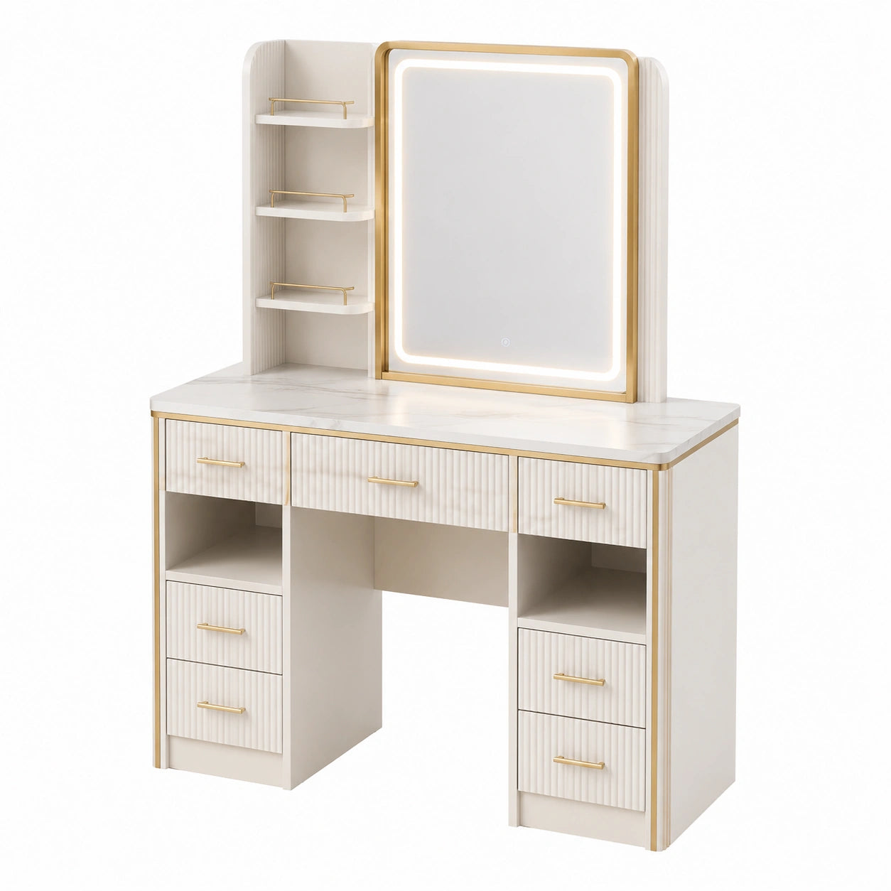 Coiffeuse en bois MDF avec placage en marbre et miroir LED intégré