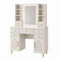 Coiffeuse MDF blanc avec miroir LED, étagères et tiroirs