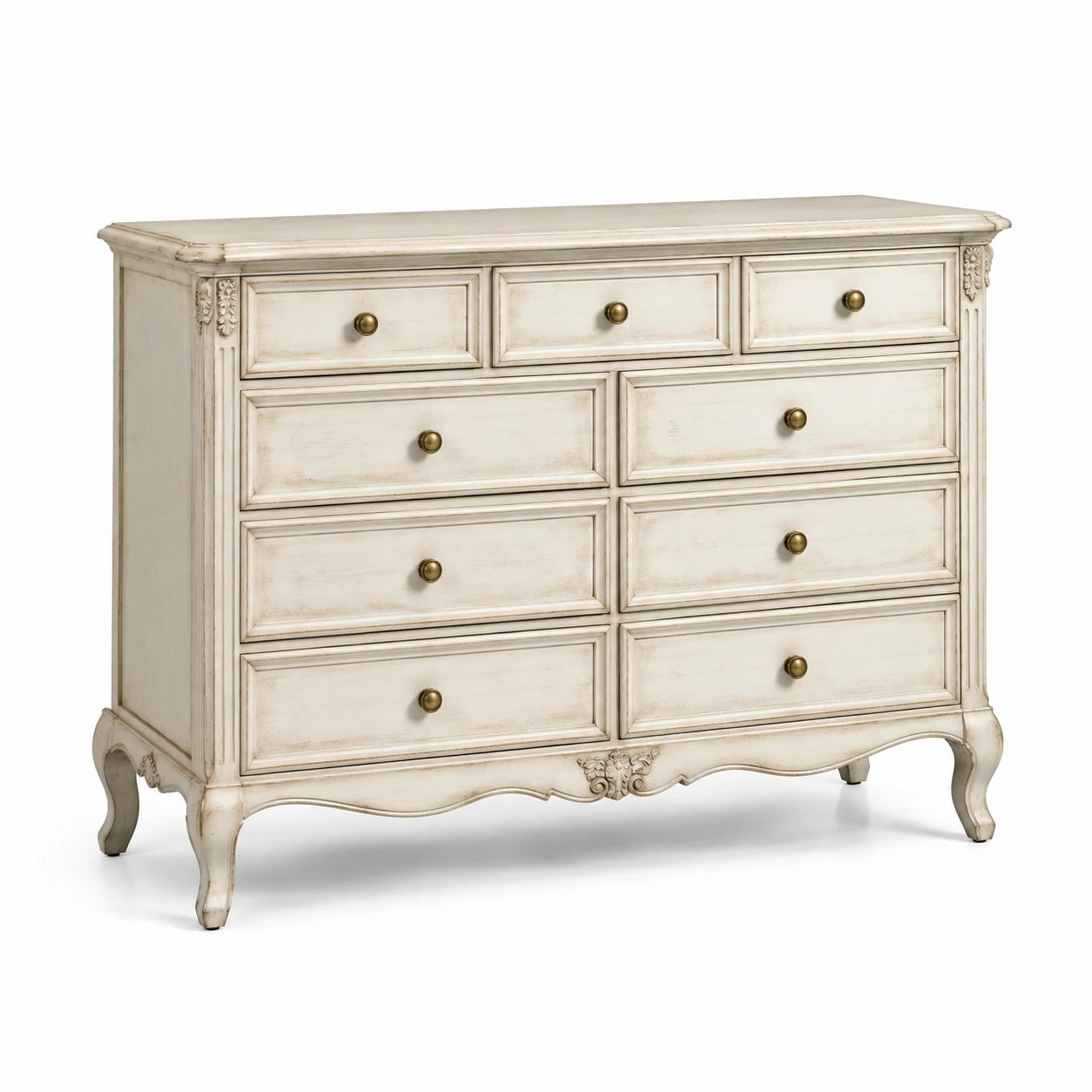 Commode en bois massif 9 tiroirs crème patinée
