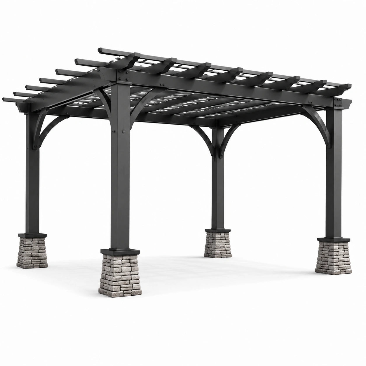 Pergola en métal avec piliers en pierre et finition grise