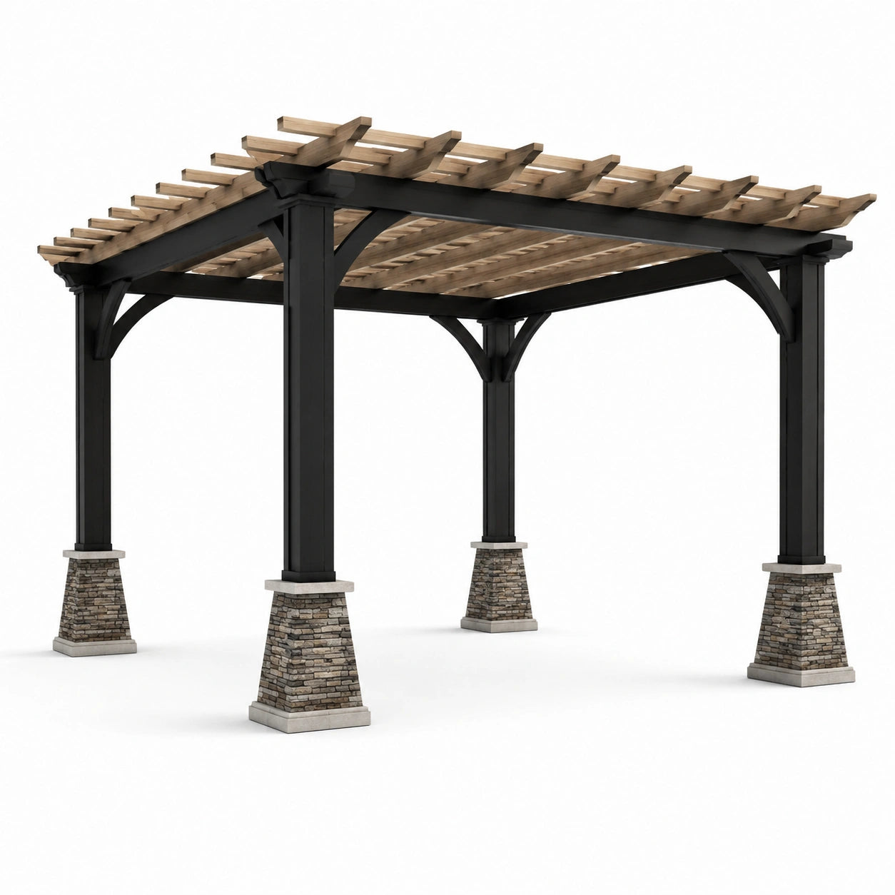 Pergola en bois et métal avec piliers en pierre
