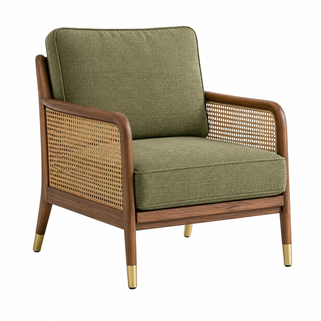 Fauteuil en bois noyer cannage tissu vert