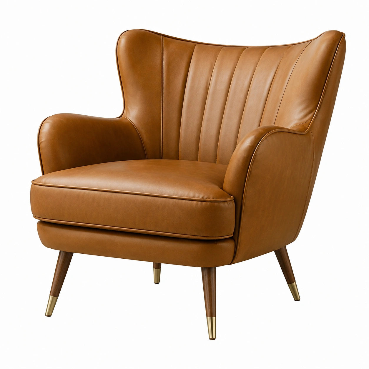 Fauteuil en cuir marron avec pieds en bois et métal