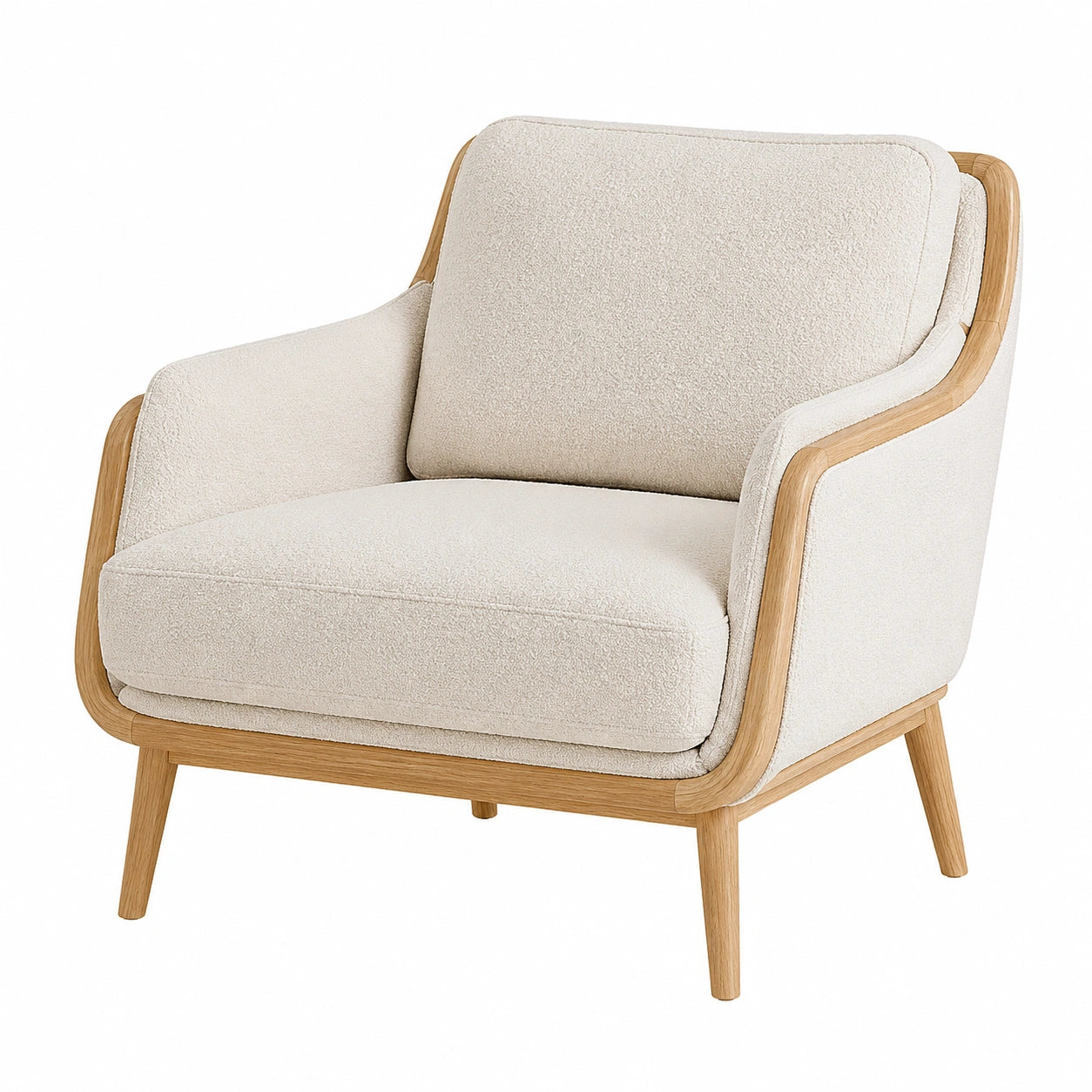 Fauteuil en bois massif et tissu bouclé beige