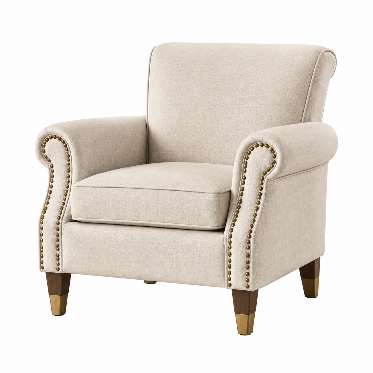 Fauteuil en tissu de lin beige avec pieds en bois massif