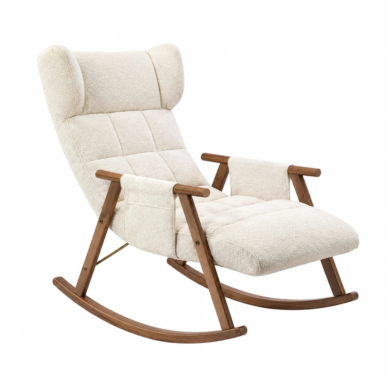 Fauteuil à bascule en bois et tissu bouclette écru